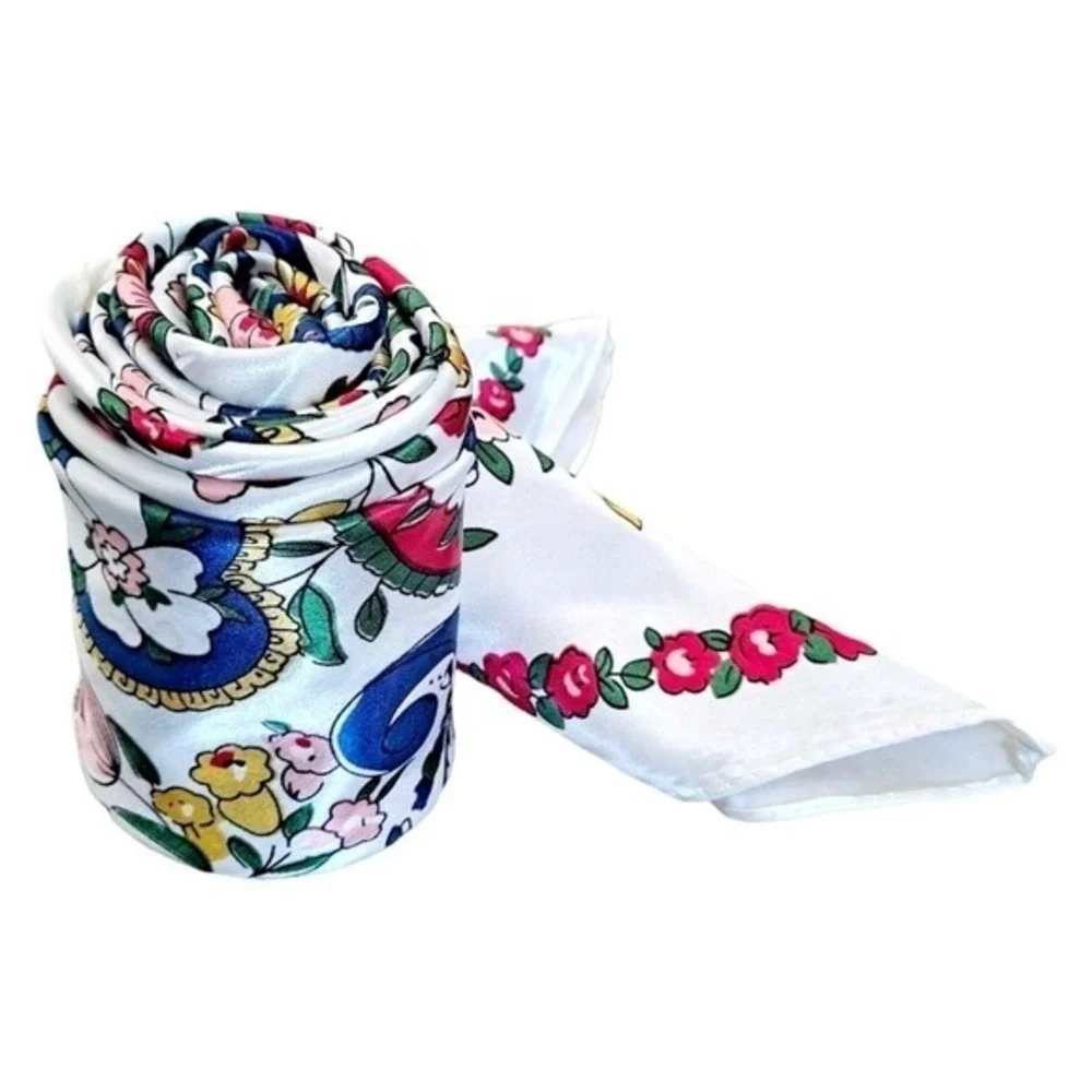 Satin Square Floral Scarf oversized Paisley white Boho hair neck 💖2/$30